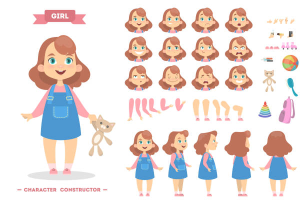 Girl character set Girl character set with poses and eothions. multiple arms stock illustrations