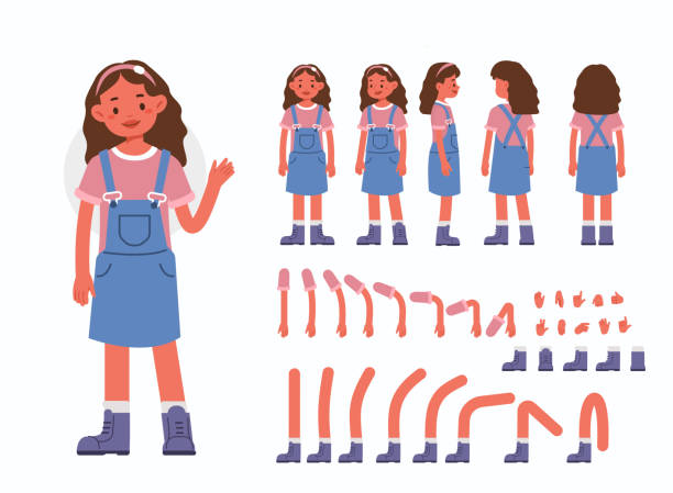 girl character Little Girl Character Constructor for Animation.  Front, Side and Back View. Cute Kid in Trendy Clothes and Different Postures. Body Parts Collection. Flat Cartoon Vector Illustration. girls stock illustrations