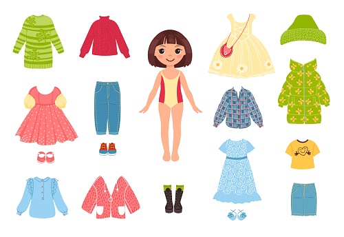 Girl clothes. Little funny character with garments. Paper doll for children play. Fashionable constructor. Seasonal jackets and coats. Dresses and shoes. Vector kid and clothing set