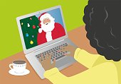 Girl communicate with Santa Claus on laptop. EPS10.
