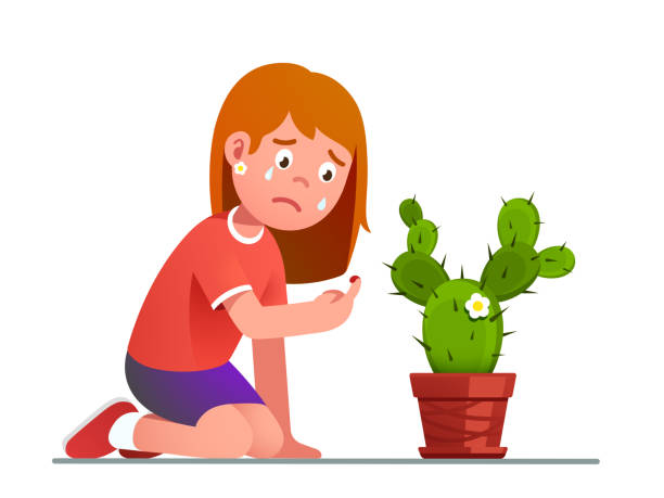 stockillustraties, clipart, cartoons en iconen met meisje huilen over cactus thorn sting geprikt vinger - needle spiking