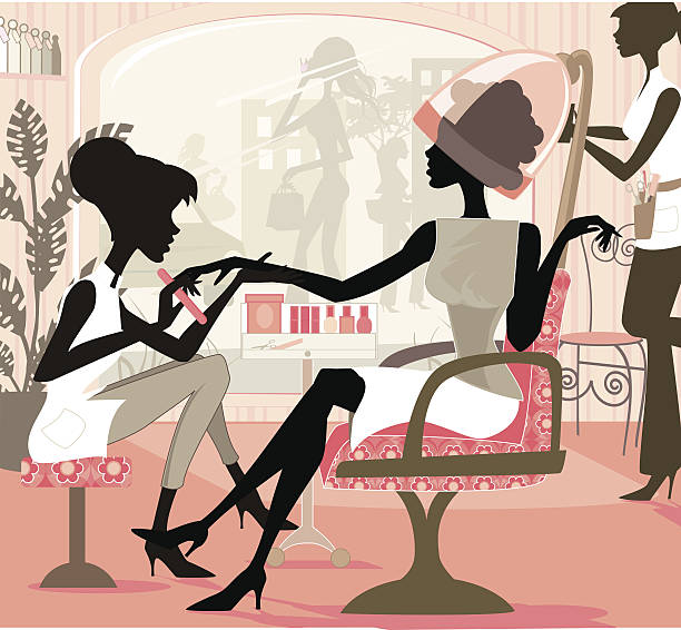 Girl Day Illustration of a woman in a hair salon getting a manicure while having her nails done… This illustration can be used for numerous concept related to hair salon and grooming in general. This illustrations contains many single elements. vintage beauty salon stock illustrations