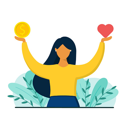 Girl decides between career and health. Work and life or health balance concept. Flat style vector illustration.