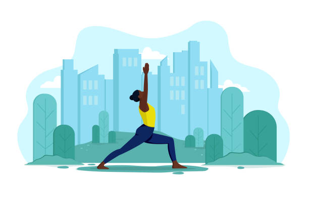 Girl does yoga in the park A young, flexible, slender girl of African appearance does yoga outdoors in a park. Vector concept of healthy lifestyle and outdoor sports. Girl on the background of the city and trees makes exercises yoga clipart stock illustrations