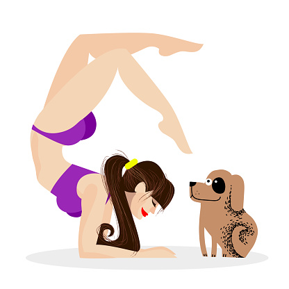 girl doing yoga in a scorpion pose. asana Vrischikasana. home yoga with a pet. physical activity at home. vector illustration in flat style.