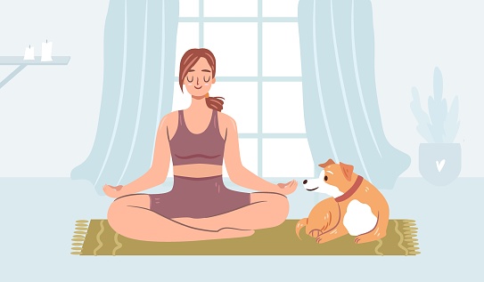 Girl doing yoga with a dog on a mat. Happy woman meditating at home. Cozy atmosphere. Funny dog in a collar