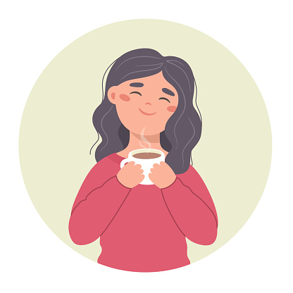 Girl drinking coffee, hand-drawn illustration of a girl with a mug in her hands, avatar. Vector illustration in flat style.
