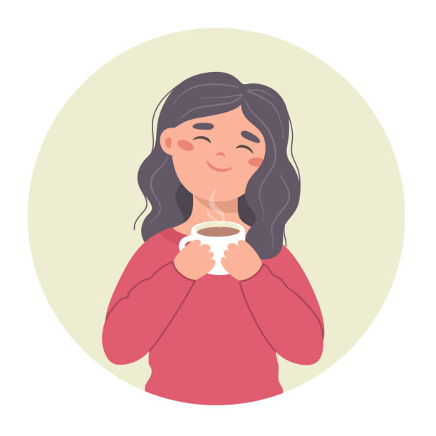 stockillustraties, clipart, cartoons en iconen met girl drinking coffee, hand-drawn illustration of a girl with a mug in her hands, avatar. vector illustration in flat style. - woman drinking coffee