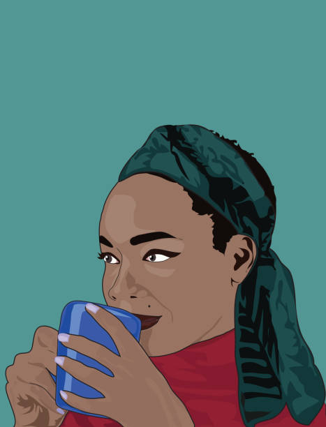 stockillustraties, clipart, cartoons en iconen met meisje dat thee / koffie drinkt - woman drinking coffee