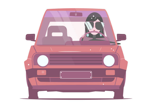Girl driver and bright colour car. Girl in a car from the eighties in bright colors. Flat vector without gradients and layers. teen driving stock illustrations