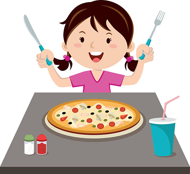 Girl eating pizza Vector illustration of a little girl holding knife and fork. breakfast clipart stock illustrations