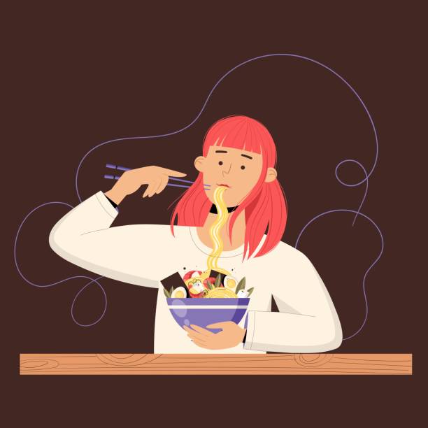 stockillustraties, clipart, cartoons en iconen met meisje dat ramennoepensoep eet gebruikend eetstokjes. vectorillustratie - woman eating
