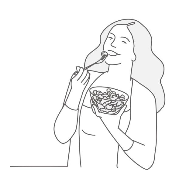 mädchen isst salat - woman happy eat stock-grafiken, -clipart, -cartoons und -symbole