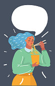 Vector cartoon illustration of girl enjoying her ramen noodle with spoon and chopstick. Speech bubble above her. Human character above her.