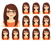 Girl in glasses with different facial expressions set isolated