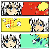 istock Girl face banners manga. Cartoon anime 1349229696