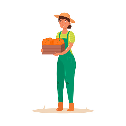 Girl farmer holding a wooden box with a crop of vegetables. Vector illustration in flat cartoon style.