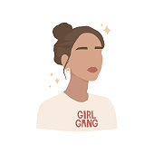Portrait of a beautiful young woman in a minimal style. White T-shirt with print. Handwritten lettering "girl gang". Vector illustration. Sticker design, banner. Feminist Art, Women's Rights.