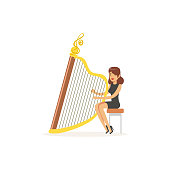 Young girl harpist in elegant black dress performing musical composition on stage. Stringed musical instrument. Professional at work. Colorful cartoon musician character. Flat vector isolated on white