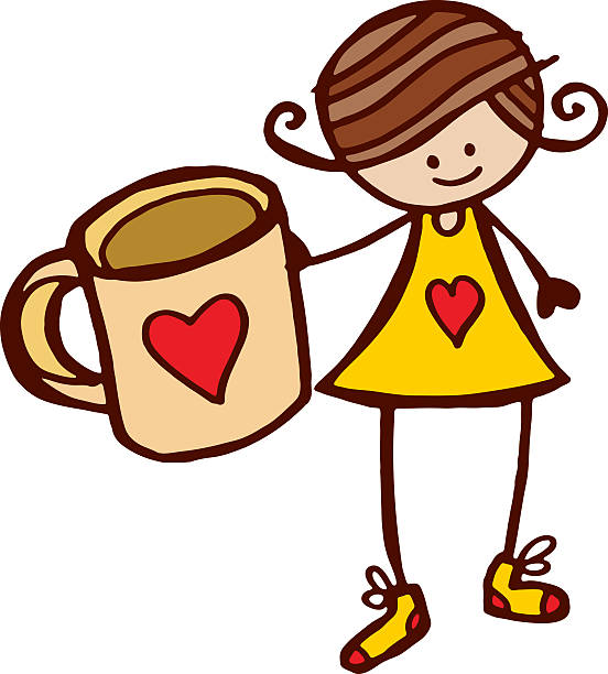 девочка держит большая чашка кофе - curley cup stock illustrations