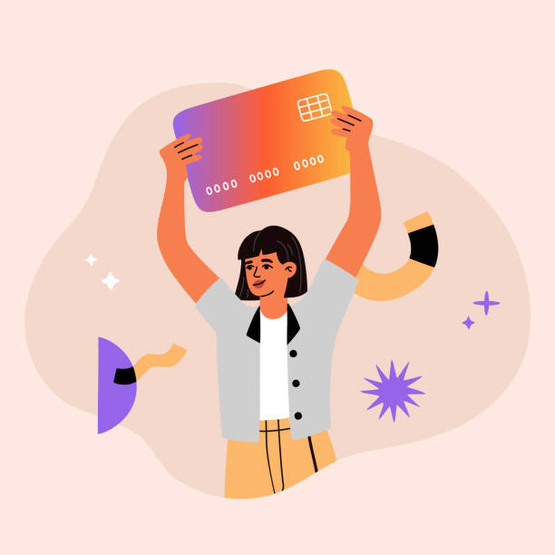 Girl holds a big credit card. Personal finance concept. Online shopping, cashless money for business vector art illustration
