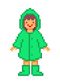 Girl in a green raincoat with a hood and rubber boots standing in the rain, vintage cartoon 8 bit pixel art character isolated on white background. Retro 80s; 90s slot machine/video game graphics.