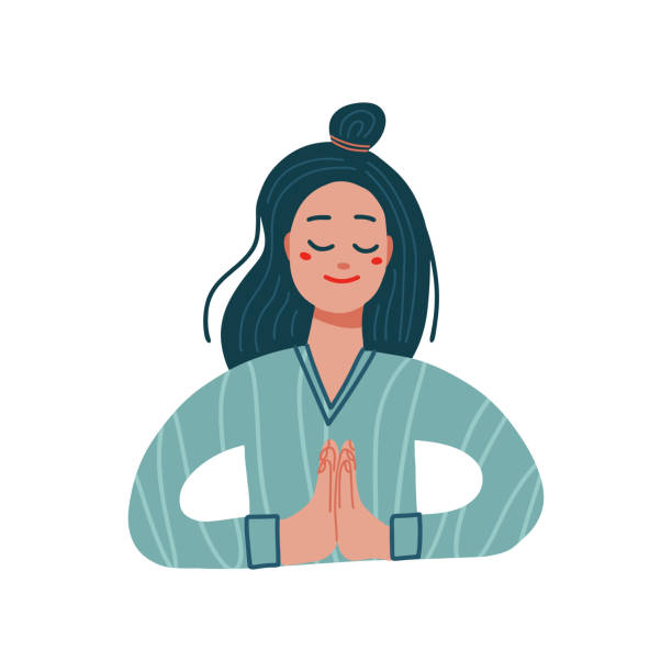 Girl in a namaste pose. Vector flat illustration on a white background. Young woman giving thanks. Thank you concept. Girl in a namaste pose. Vector flat illustration on a white background. Young woman giving thanks. Thank you concept namaste greeting stock illustrations