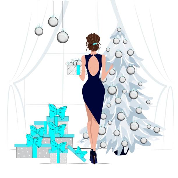 stockillustraties, clipart, cartoons en iconen met het meisje in een marine blauwe cocktailkleding siert de kerstboom, die voor kerstmis en nieuwjaar, feestelijk binnenland, vectormanierillustratie in vlakke stijl voorbereidingen treft. - vrouw kerstboom versieren