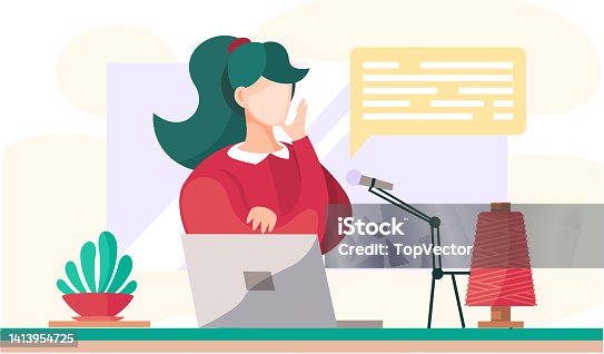 istock Girl in a red sweater is sitting at the table. Woman is recording video using the microphone 1413954725