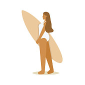 A girl in a white swimsuit stands with a surfboard. Summer illustration in beige shades. Flat cartoon vector illustration.