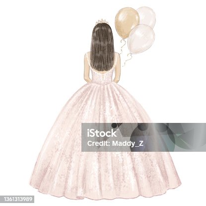 istock Girl in ball gown celebrates her 15 birthday. Hand drawn illustration 1361313989
