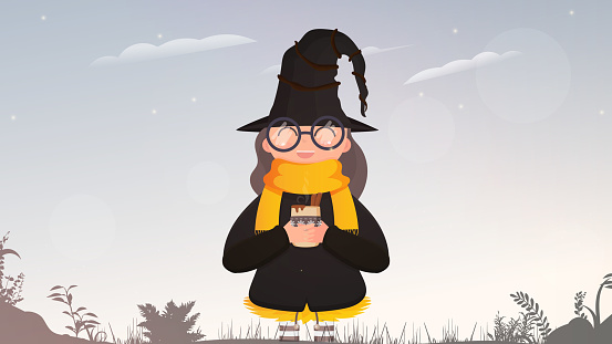 Girl in black suit and hat holding a cup with hot drink. A cute witch with mulled wine is standing in the forest. Halloween concept. Vector.