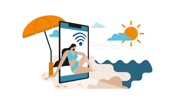Girl in blue bathing suits sitting on the beach in the smartphone. Lathe mobile phone on the sand. Summer online on the beach abstract banner. Sun umbrella behind the smartphone. vector art illustration
