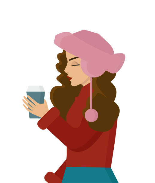 girl in cardigan_ Flat style illustration. Girl in a hat and jacket holding cup of hot coffee. Winter cozy mood.  She is beautiful with curly hair and red lips. curley cup stock illustrations