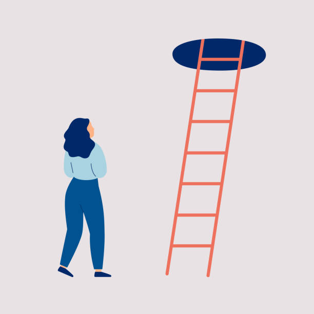 Girl in doubt and indecision stands of the stairs to the top Young woman thinks to make a next step into the future. Girl in doubt and indecision stands of the stairs to the top. Concept of a difficult choice, decision making. Colorful vector adversity stock illustrations