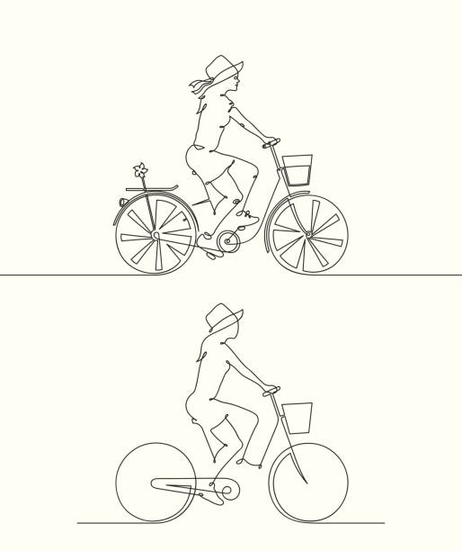 Girl in hat on bike Continuous line drawing of cyclist on bicycle silhouette. Set of linear vector illustrations for graphic design, prints, t-shirts cycling drawings stock illustrations