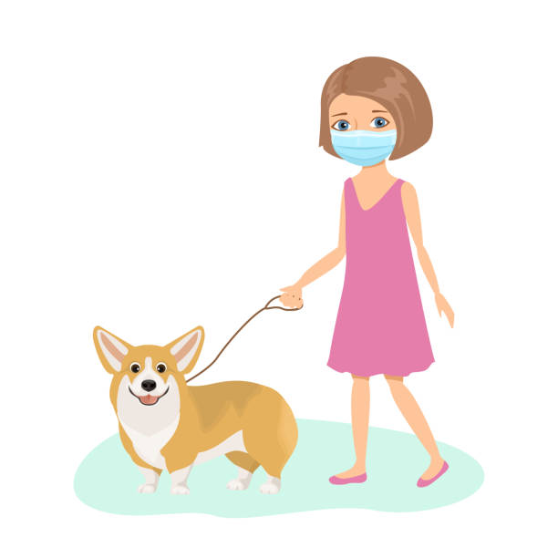 医療保護マスクをした女の子が犬を歩いている。ベクトルフラットイラストレーション。 - 犬　少女点のイラスト素材／クリップアート素材／マンガ素材／アイコン素材
