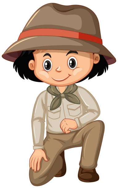 Girl in safari outfit sitting on white background illustration