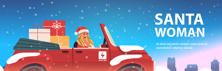 girl in santa claus costume delivering gifts on red car merry christmas happy new year holiday celebration concept