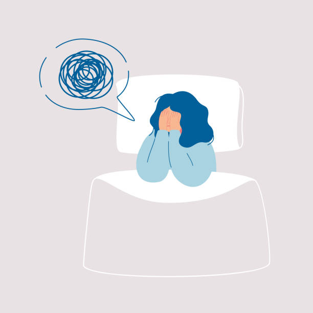 Girl insomniac has confused thoughts in her mind at night, covering her face with her hands Girl in depression has confused thoughts in her mind at night, covering her face with her hands.Tired woman suffer from insomnia, sleeplessness, sleep disorder, nightmare.Vector illustration in flat bed furniture clipart stock illustrations