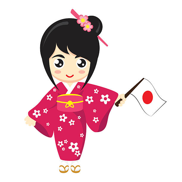 Girl Japan Little Girl Wearing Traditional Dress and Holding Japan flag. Vector illustration. japanese girl stock illustrations