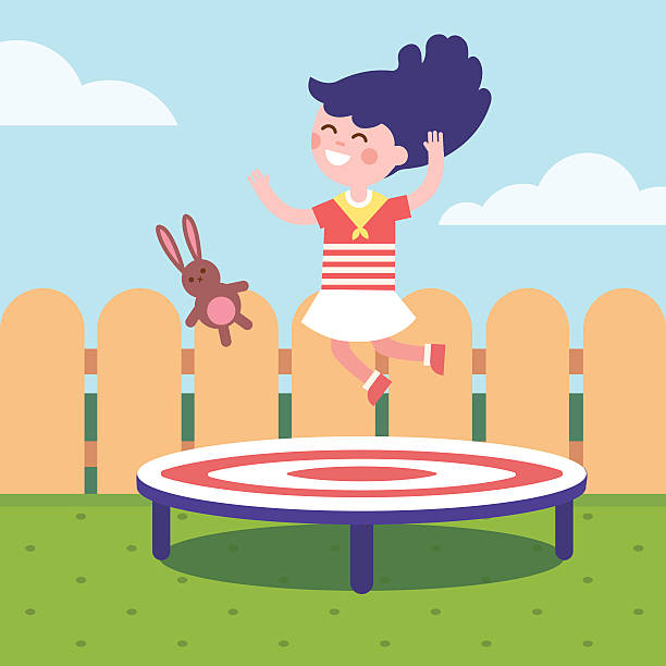 Girl jumping on a trampoline at the backyard Girl jumping on a trampoline at the backyard. Childhood joy and happiness. Modern flat vector illustration clipart. clip art of kid jumping on trampoline stock illustrations