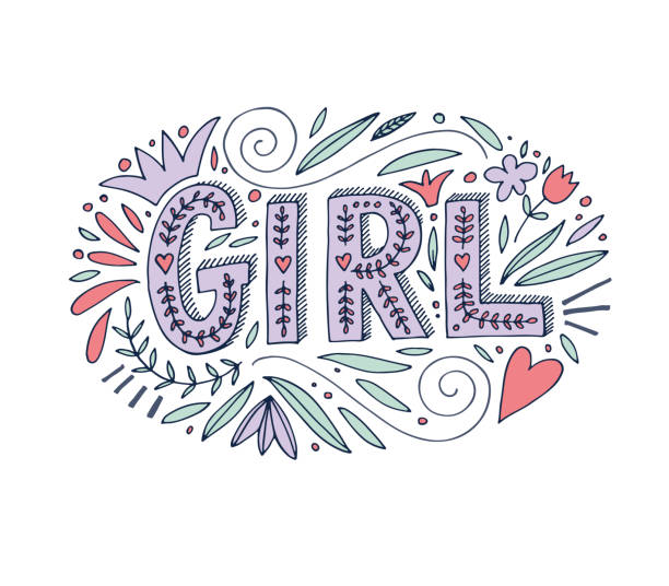 Girl lettering with decorative elements. Girl lettering with decorative elements. Cartoon style. Line ink illustration. Modern brush calligraphy. Isolated on white background. royalty free commercial use drawing stock illustrations