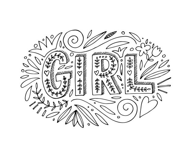 Girl lettering with decorative elements. Girl lettering with decorative elements. Cartoon style. Line ink illustration. Modern brush calligraphy. Isolated on white background. royalty free commercial use drawing stock illustrations