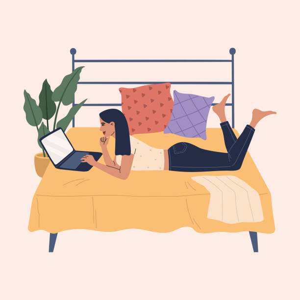Girl lies on the bed and works with a laptop in comfortable cozy apartment vector art illustration