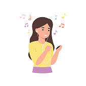Beautiful girl holds mp3 and listens to music use headphones. Flat vector modern cartoon illustration.