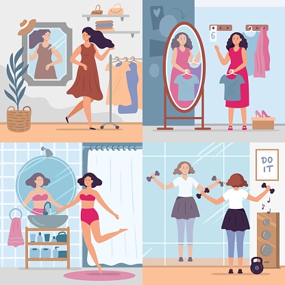 Girl looking in mirror. Women in stylish dressing room, bathroom and gym look in mirrors. Happy reflection in mirror vector illustration set