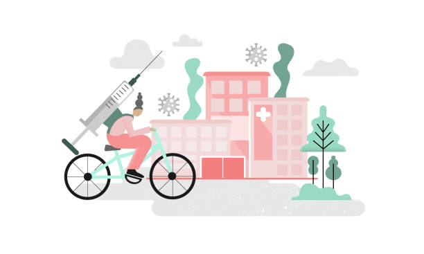 A girl on a bike is cycling towards a hospital with a large syringe on the back. vector art illustration