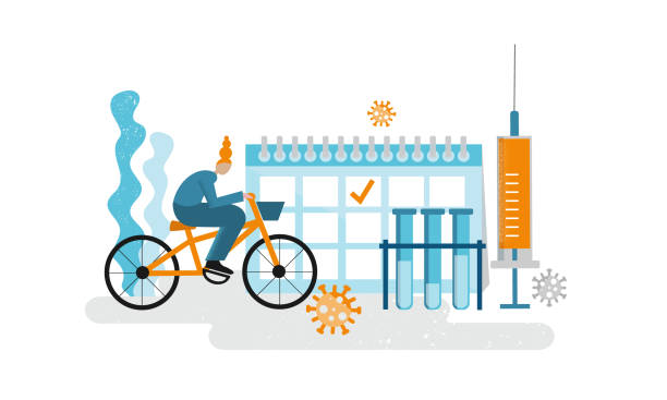 Girl on a bike is cycling towards a vaccination calendar. vector art illustration