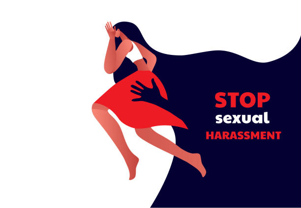 Girl or lady suffering from aggressive behavior. Stop Sexual Harassment vector illustration. Frightened Girl suffering from aggressive behavior. Rape victim. Me too teg. me too social movement stock illustrations